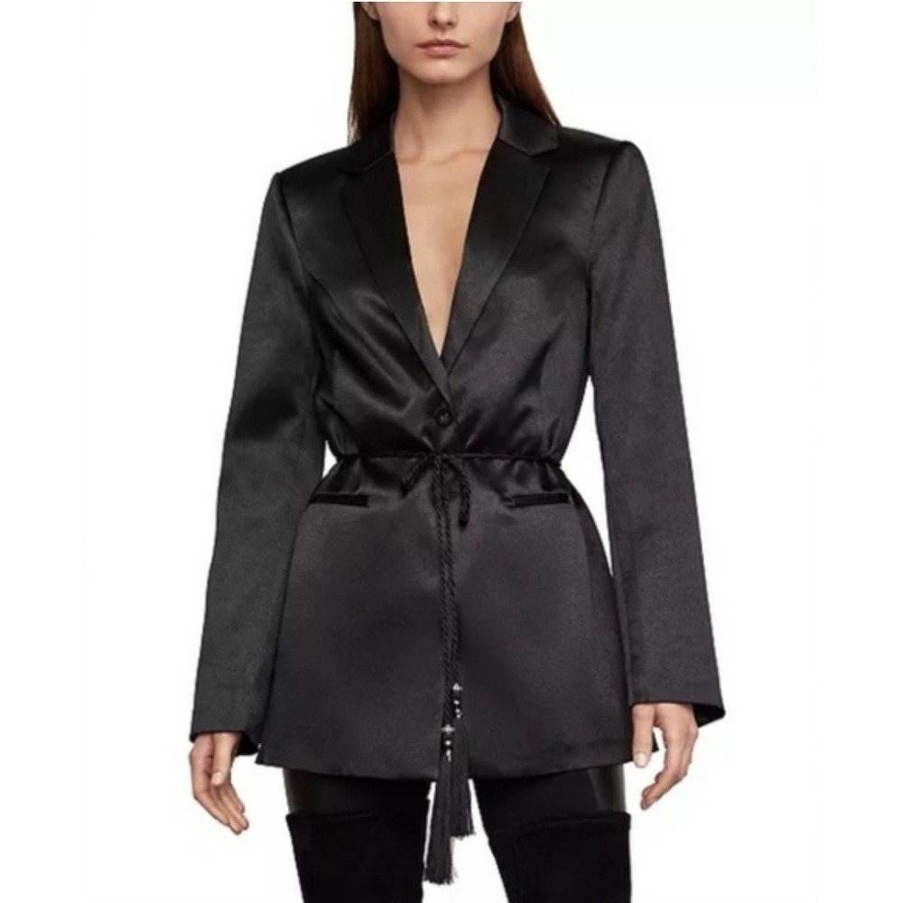 BCBGMAXAZRIA Black Satin Tassel Belted Longline Blazer XXS New